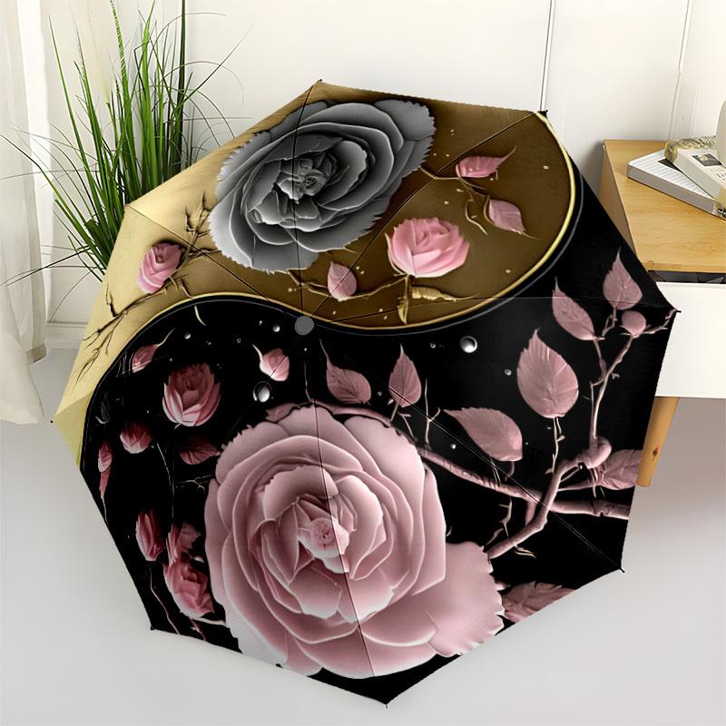 1pc Floral Yin Yang Symbol Automatic Umbrella - 8-Rib Durable Frame, Portable Fashion Accessory & Holiday Gift yy251117167