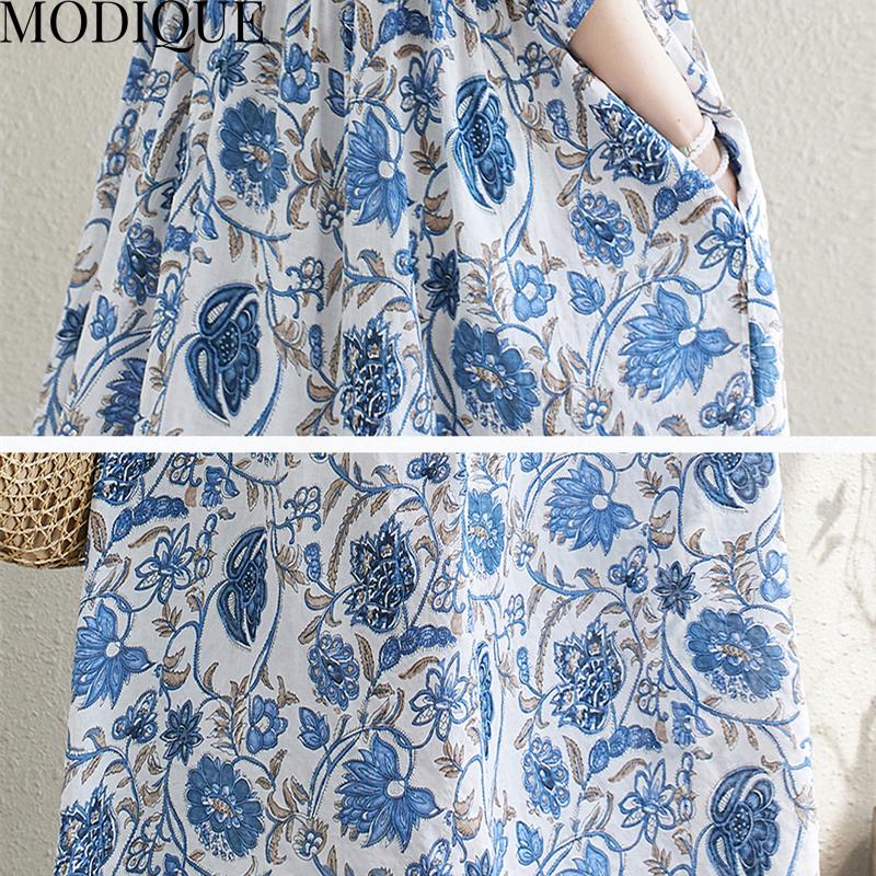 MODIQUE Sommer Übergröße Damen Locker Lässig Kurzarm Baumwolle Verlängerte Länge Druck Lange Kleider Weiblich Übergröße Kurzarm O-Ausschnitt Kleider Blau