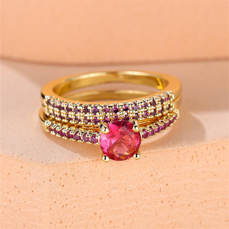 Luxury Rose Red Blue Purple Green Stone Wedding Bands Antique Gold Color Couple Engagement Ring Sets For Women Mothers Day Gifts
