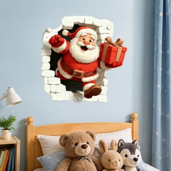 3D Holiday Wall Stickers Christmas Santa Stickers, Claus Reindeer Break-Through Self-Adhesive Decorative Window Film Decal, Removable for Living Room