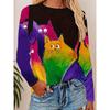 Plus Size - Plus Size - Colorful Cat Print Crew Neck T-Shirt, Casual Long Sleeve Top for Spring And Fall