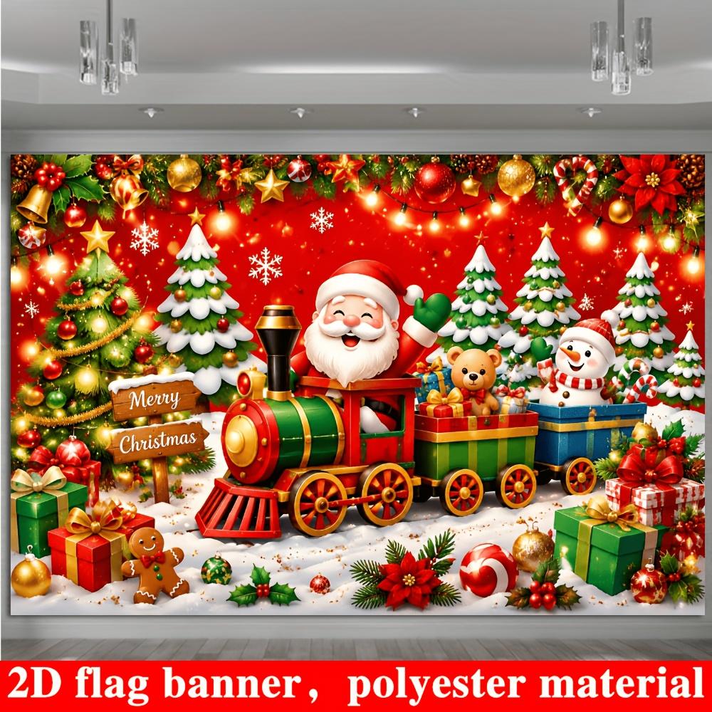 2D Flat Flag, 2D Flat - 1pc 2D Flag, Christmas Themed Banner Background, Santa Claus Driving a Small Train Theme, Includes Snowm