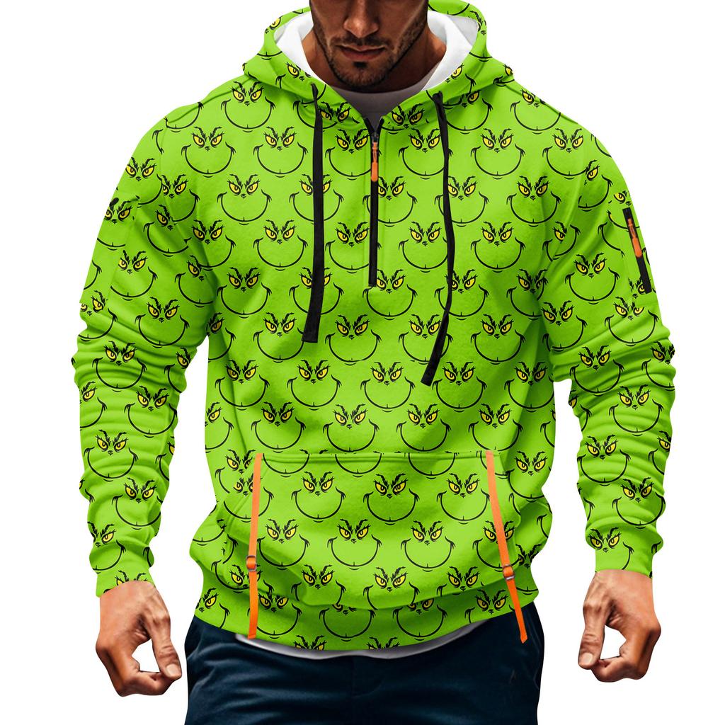 Men's Christmas Print Hooded Half-Zip Casual Sports Sweatshirt