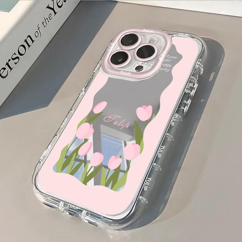 Tulip Flowers Pattern Phone Case For iPhone 17 11 Pro Max 16 14 13 Pro 12 15 XR XS X 7 8 Plus 16e SE2 Make Up Mirror Soft Cover