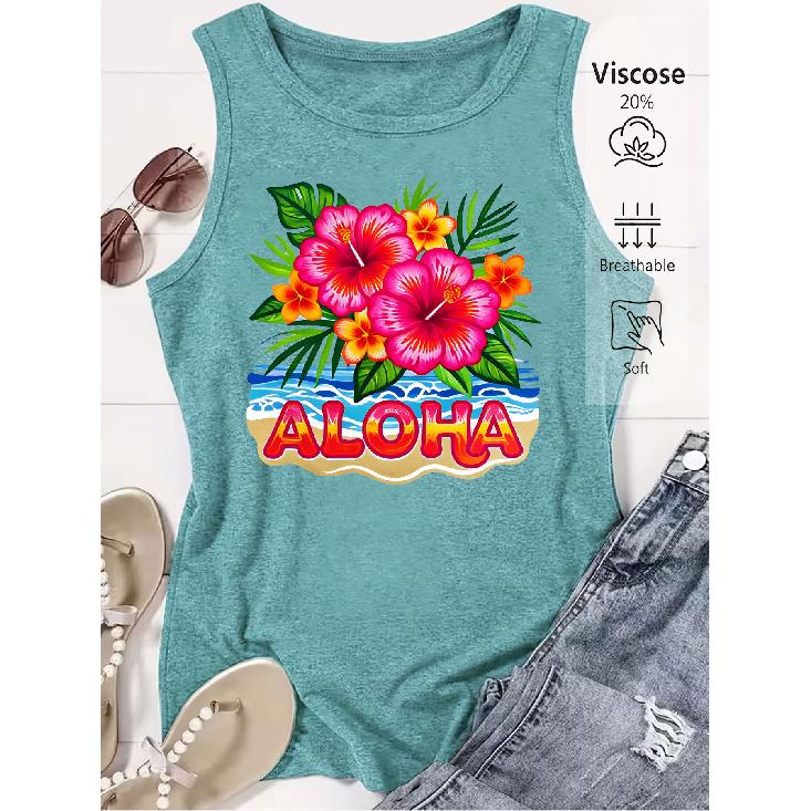 Elegant Vest for Women ALOHA Hawaiian Floral Print Casual Loose Summer Vest Fashionable and Elegant Tops for Commuting, Vacation, and Everyday Wear,
