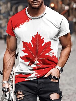 Men's 3D Print Fashion T-Shirt - Casual Round Neck, Polyester Blend, Machine Washable - Unique Maple Leaf Design
