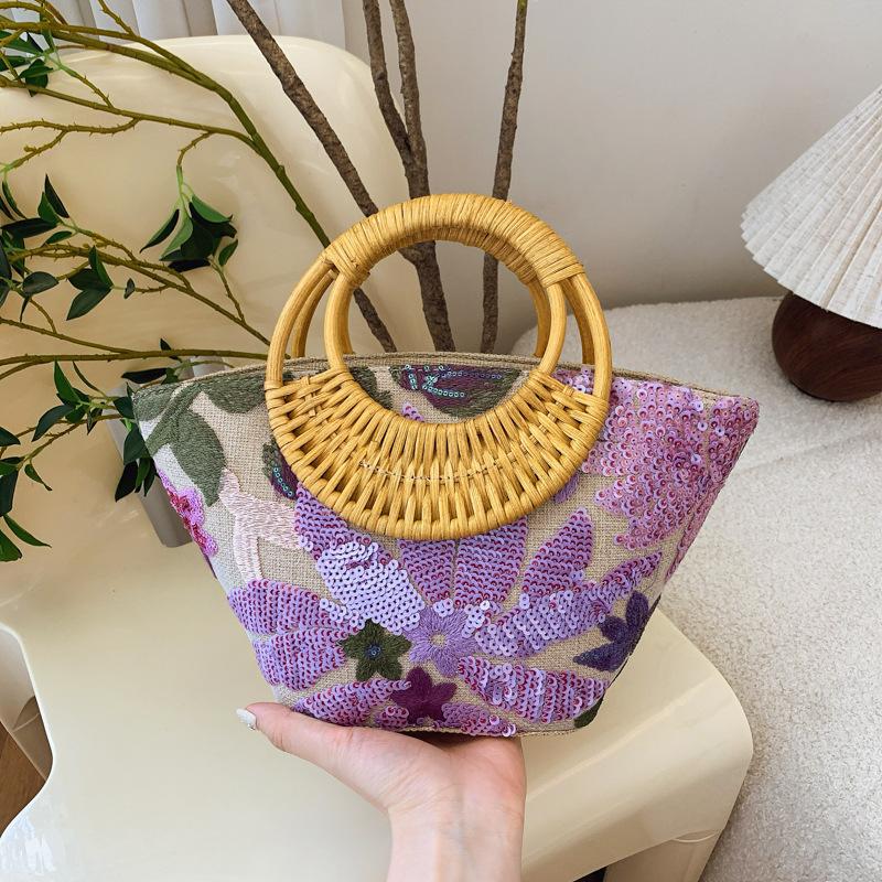 Fashion Flower Sequins Embroidery Large Tote Bag Round Rattan Handle Women Handbag Casual Summer Beach Bags for Vacation&holiday