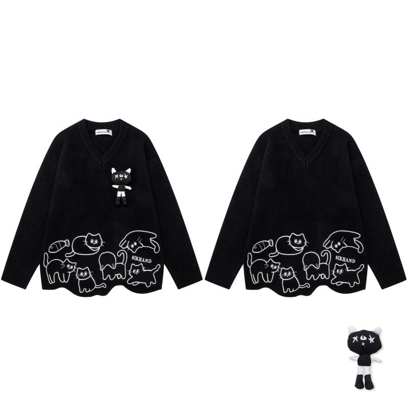American Vintage Cat Embroidered Detachable Doll Loose Fit Pullover Sweater Couples