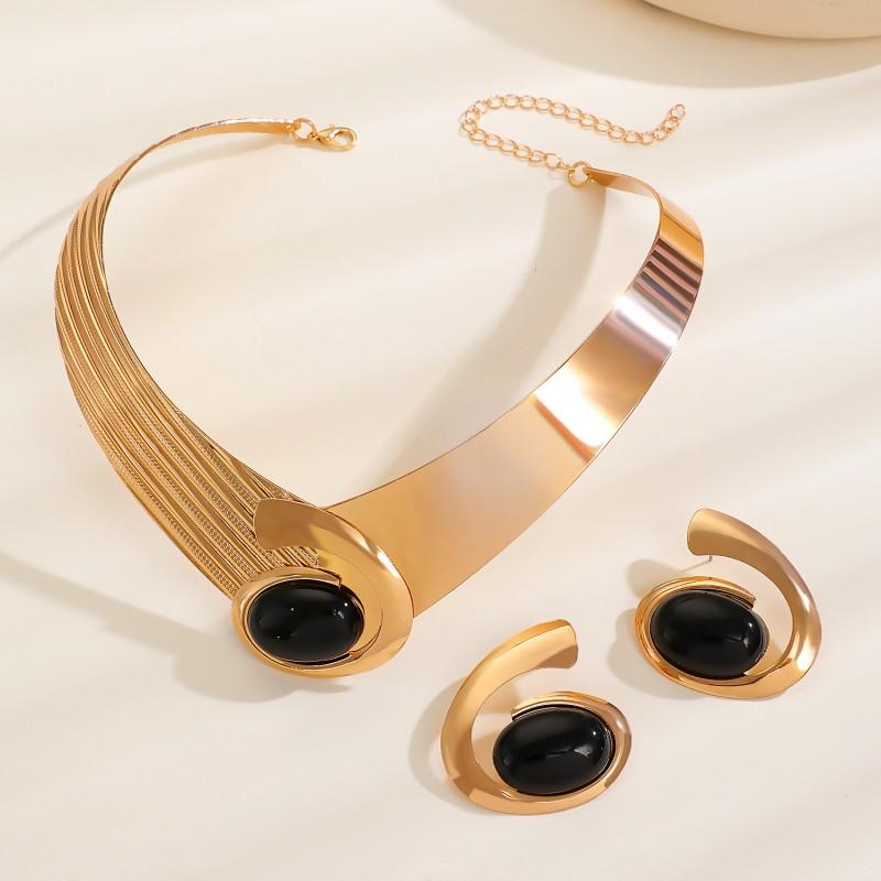 Womens Geometric Oval Spiral Statement Jewelry Set Necklace Earrings Bracelet Ring Trendy Fashion Accessories