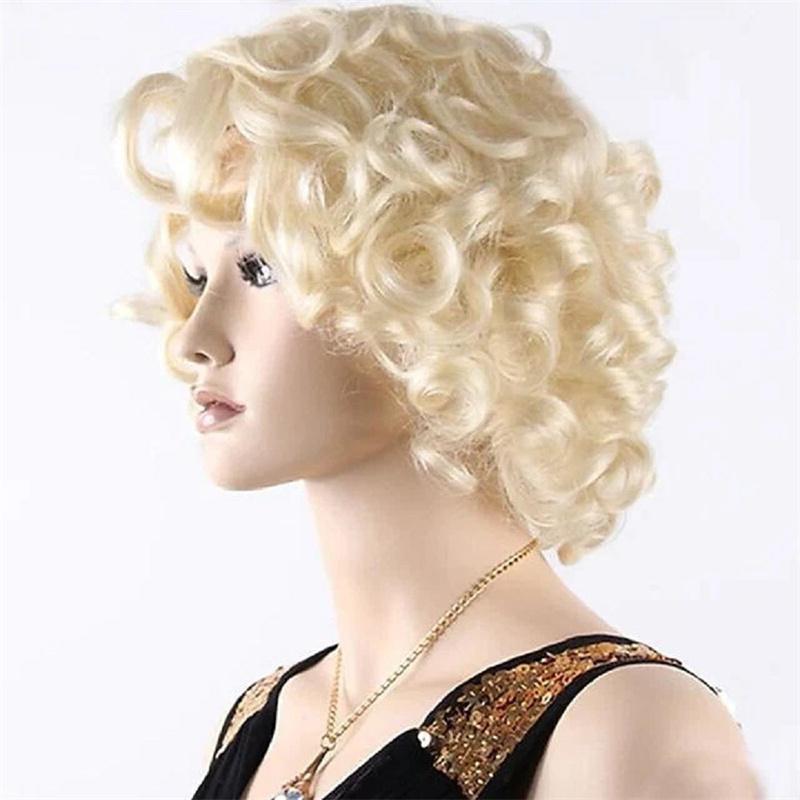 Krótka Platynowa Blond Kręcona Peruka Syntetyczna Elegancka Fryzura Peruka Lata 20. dla Kobiet Halloween Peruki Drag Queen Kostium Monroe Cosplay