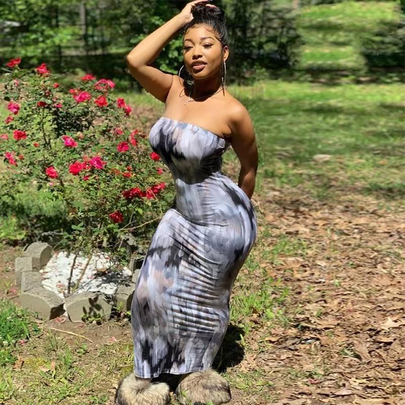 New European and American Summer Women's Print Slim-fitting Sexy Tube Top Dress Dress