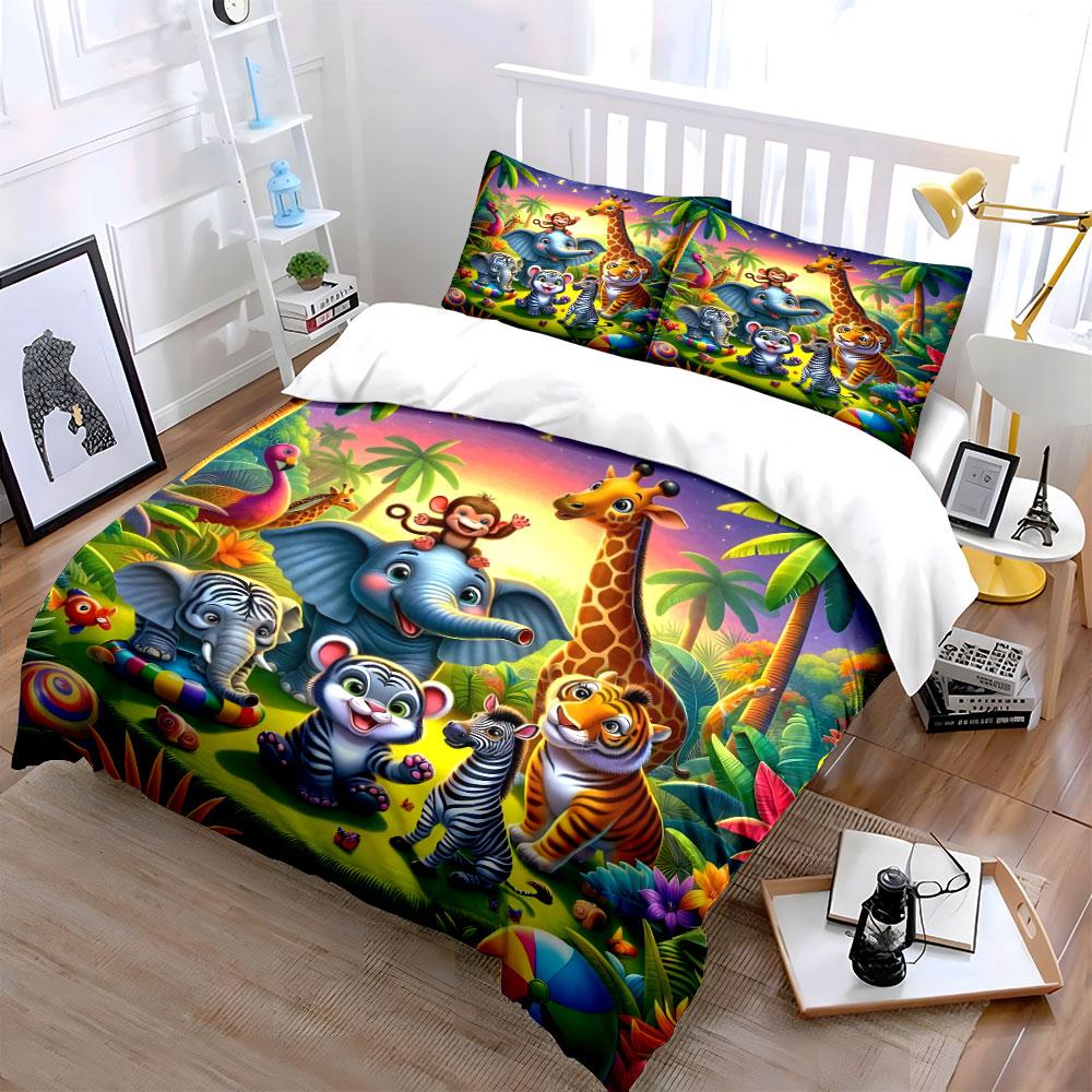 Safari Animal Decor Set Bedding Set With 1 Duvet Cover 2 Pillowcases Single Double King Queen, Gift