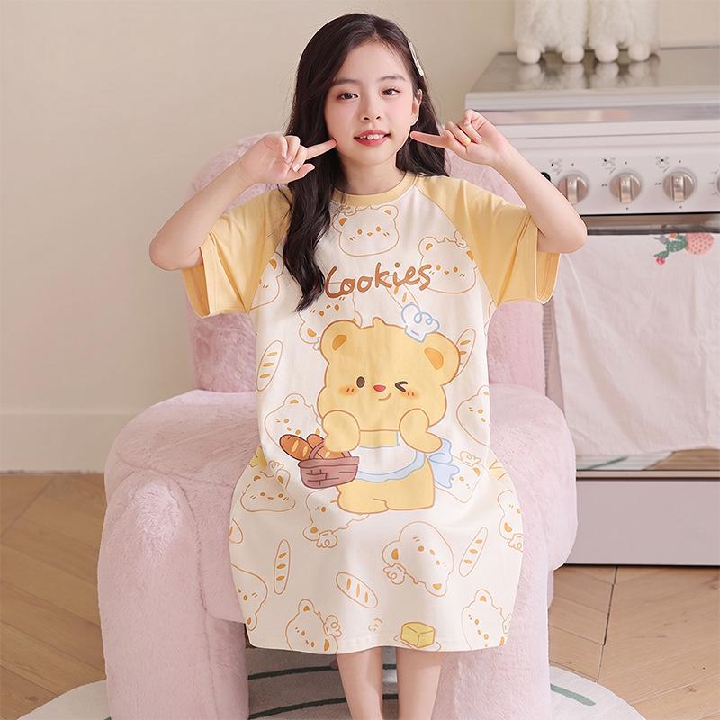 2026 Summer Cartoon Pajama Dress for Girls - Short Sleeve, Mid-Length for Kids Size 18: 148-155cm