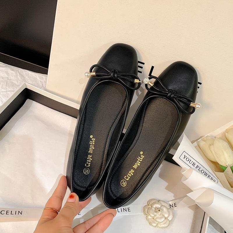 Cowhide version of the same style, Frida girl~ Classic square head bow shallow mouth exquisite pearl ballet leather shoes