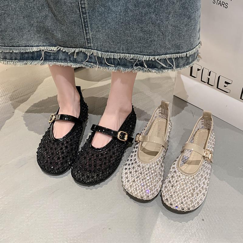Stylish Mesh Rhinestone Catwalk Shoes Round Head Mary Jane Shoes Breathable Flat Ballet Single Shoes Women's Summer