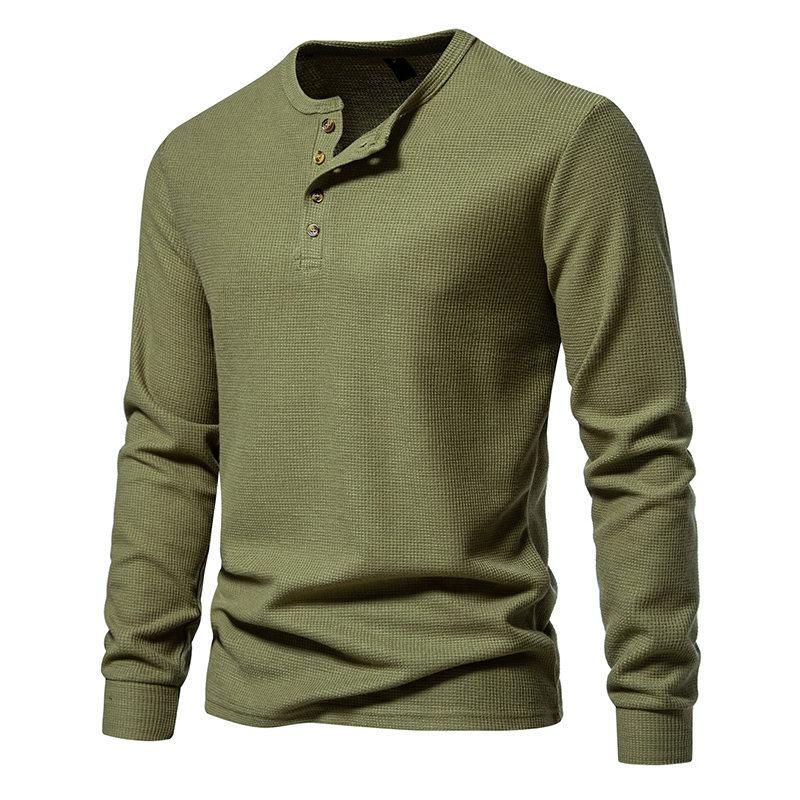 Spring Autumn Waffle Henley T-Shirt Men Basic Breathable Men's Long Sleeve Tops Tees Casual Solid Color Button T Shirts