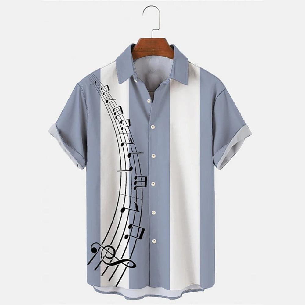 Men's Casual Button Up Cardigan 3D Music Symbol Printed Short Sleeved Shirt Summer New Simple Striped Open Lapel Top