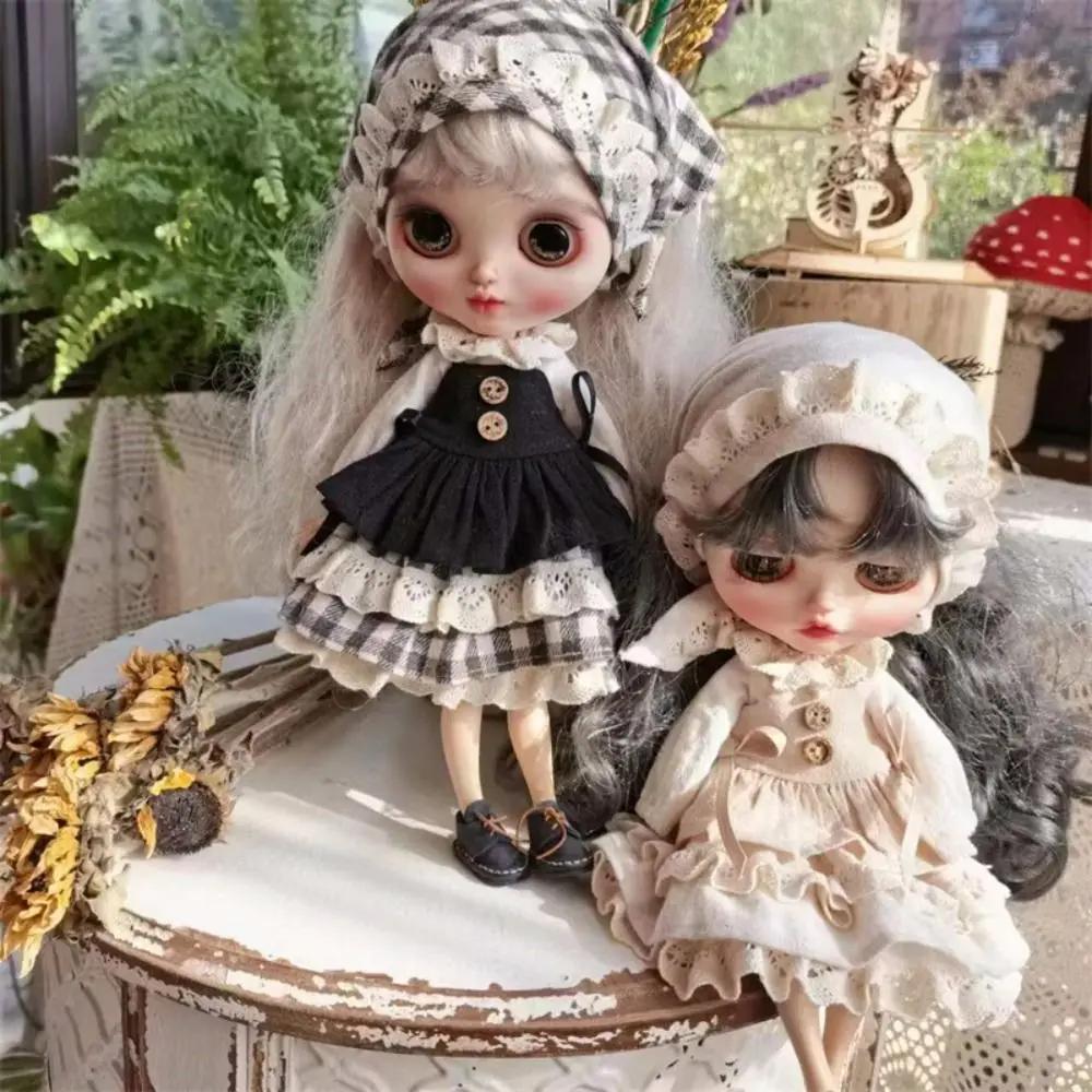 Doll Skirt Dresses Clothes Set For ob22 ob24 azone Dolls Lace Suspender Skirt Shirt with Beret For Blythe Dolls Accessories