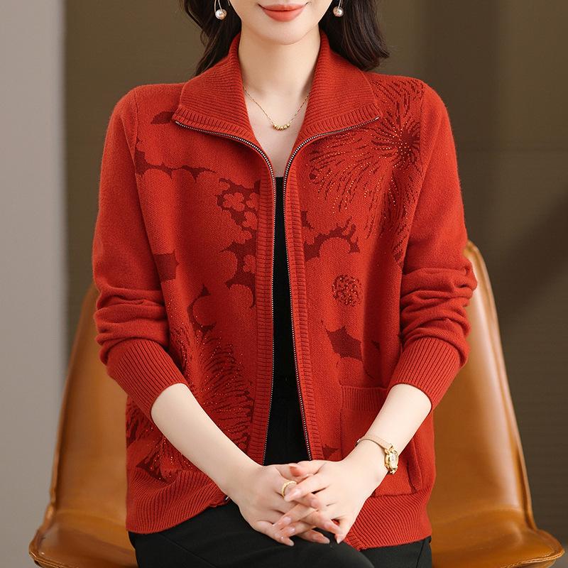 

100% Pure Wool Embroidered Zipper Cardigan for Middle-Aged & Elderly Women – Stylish Spring & Autumn Sweater 4XL [Recommended: 150-165 lbs] оранжевый