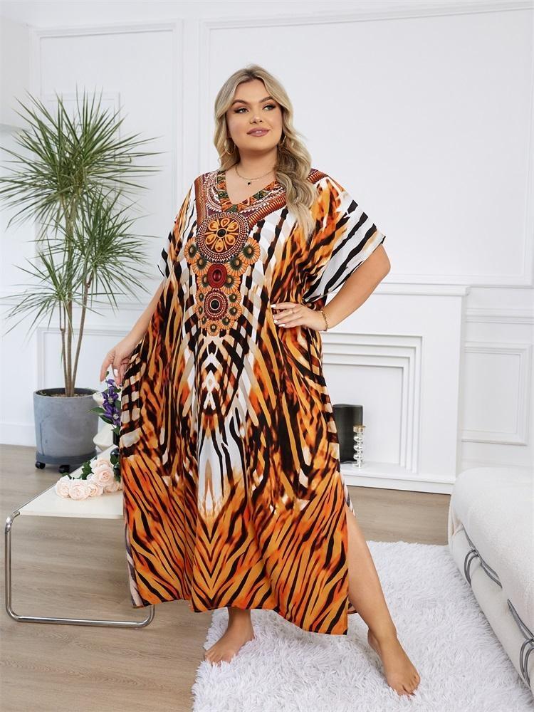Kaftano da Donna Taglie Forti Accogliente Elegante Abito Lungo Casual Scollo a V Maniche a Pipistrello Stampa Etnica a Strisce di Tigre Vestibilità Ampia