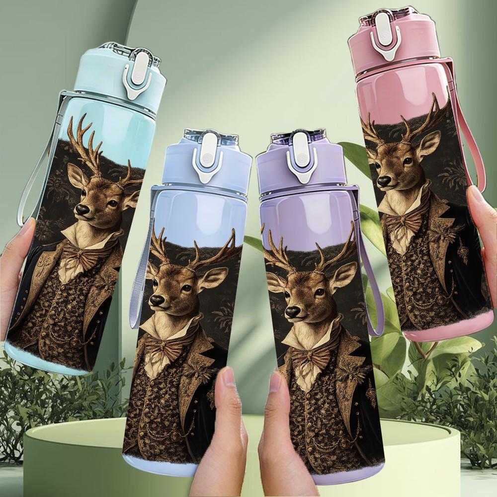 1PC Stag Deer Head Antler Art Print 750ml Color Plastic Sports Water Bottle Leakproof Flip Straw Lid Suitable for Sports Office Home Use