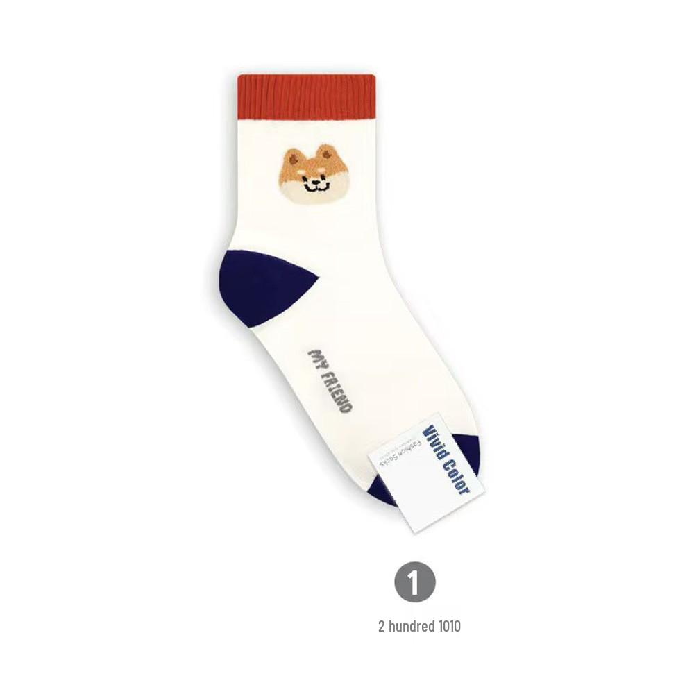 Korean Vivid Color Women's Cartoon Mid-Calf Cotton Socks for Spring/Autumn