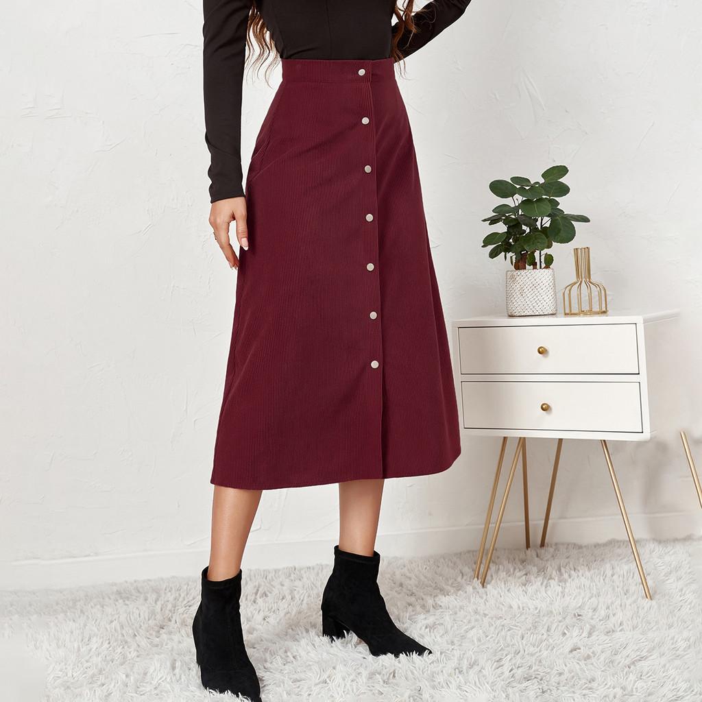 Corduroy High Waist Midi Skirt With Button Closure For Office And Fall Season