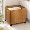 Handwoven Rattan Basket Swivel Casters Storage Reinforced Border Braided Container Bin