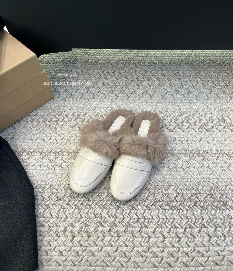 Fleece warm 3cm low-heeled autumn and winter half slippers 2025 new square head fluffy shoes women's leather flat-soled rabbit fur shoes