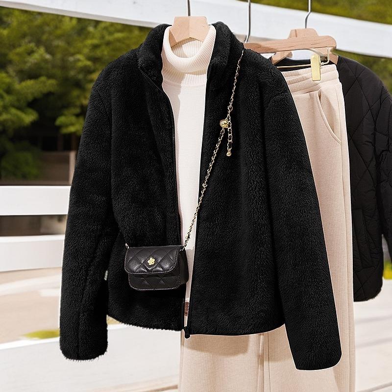 Trendy fashion stand-up collar coral fleece jacket women's small soft waxy age-reducing zipper top sweater tide