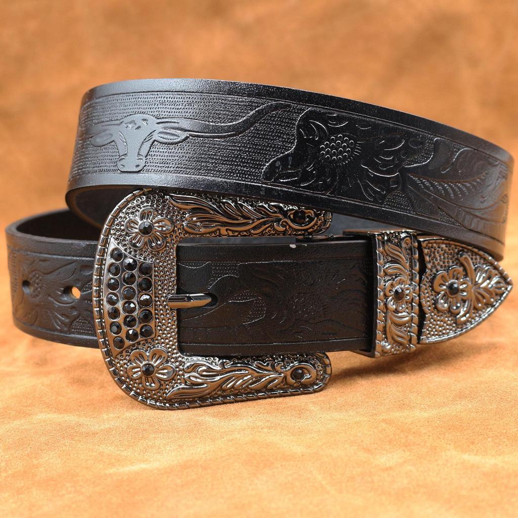 Men's Embossed Western Leather Belt - Retro Oiled Waxed Cowhide with Buckle