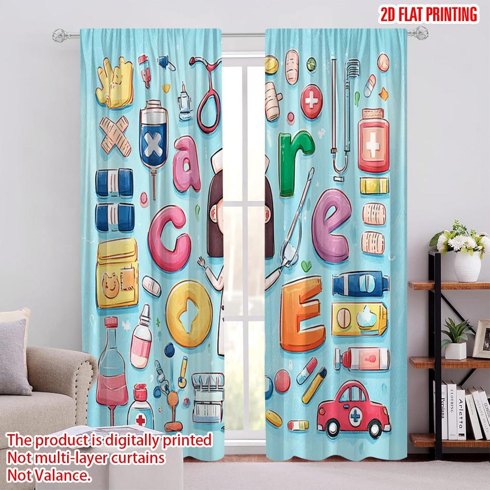 2pcs,2D plane printing Curtain Popular Vibrant Medical Polyester (without rod) Home Decor for Bedroom, Living Room