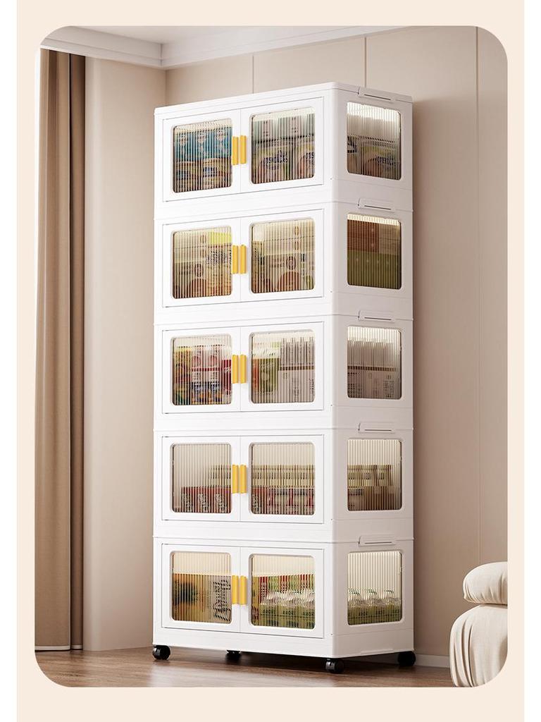Movable Multi-Layer Folding Storage Cabinet: No-Installation Plastic Organizer for Bedroom and Living Room