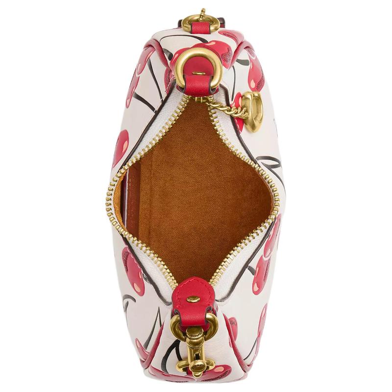 Coach JONIE 15 estampado de cerezas correa de hombro extraíble con cierre de cremallera bolso de hombro de cuero curtido mini para mujer blanco tiza con rojo