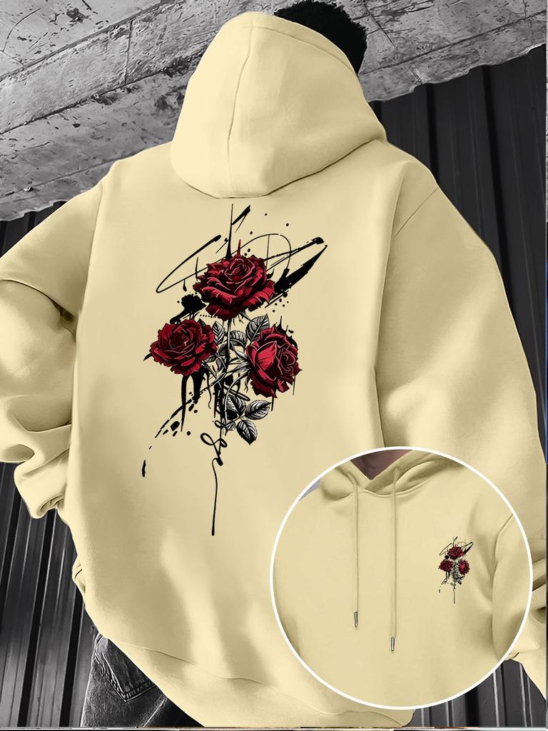 Retro Red Rose Splatter Art Print Hooded Sweatshirt for Men, High Street Niche Casual Pullover Long Sleeve Hoodie