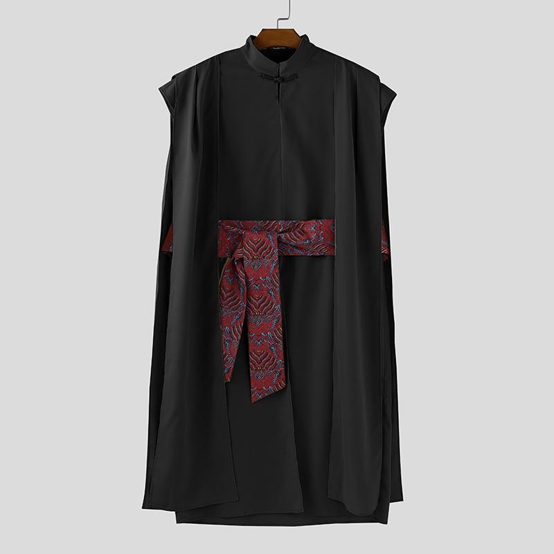 INCERUN Men Sleeveless Layers High Splits Ribbon Belt Casual Long T-shirts Tops