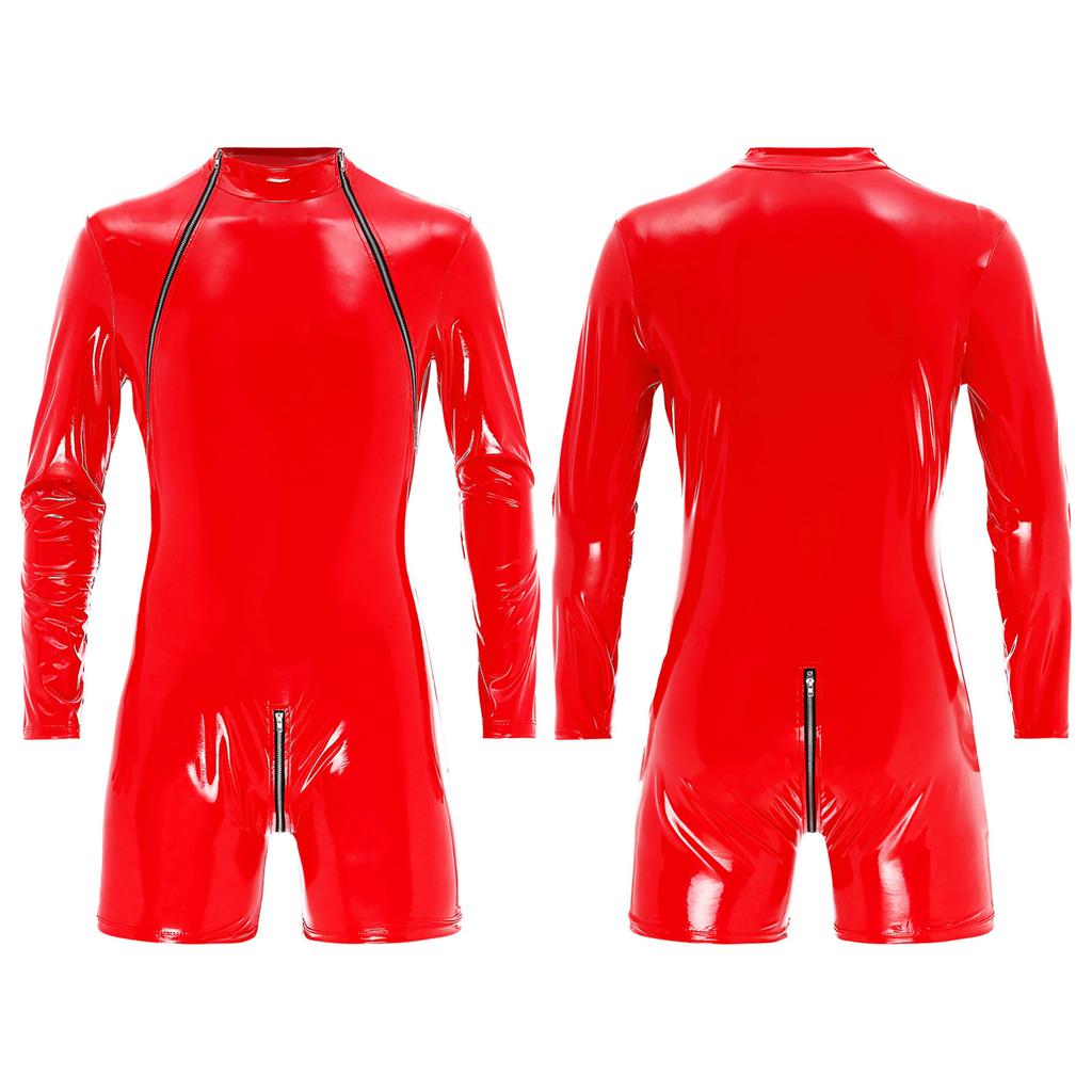 Mens Solid Shiny Latex PVC Leather Slim Fit Jumpsuits Long Sleeve Zipper Leotard Clubwear Costume