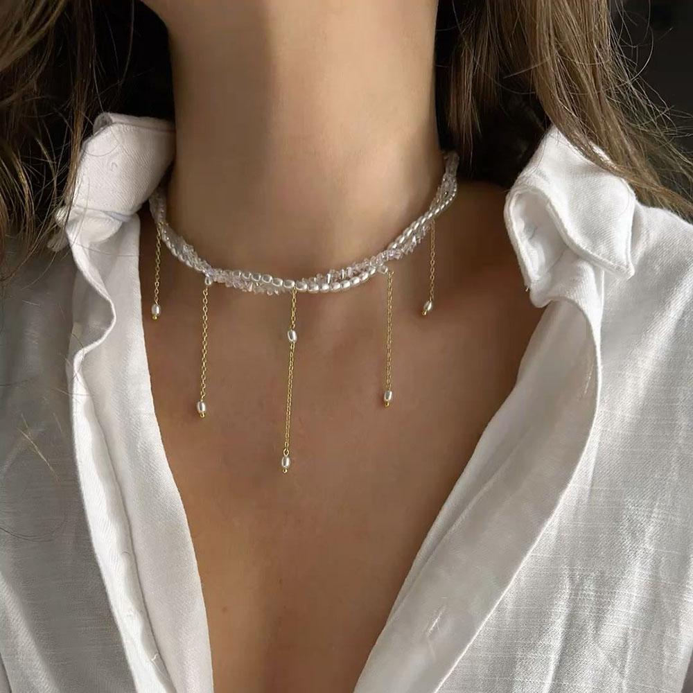 Mode Kvast Kæde Vedhæng Halskæde Til Kvinder Boho Gennemsigtig Krystal & Imitationsperle Kæde Smykker Valentinsgave N0538