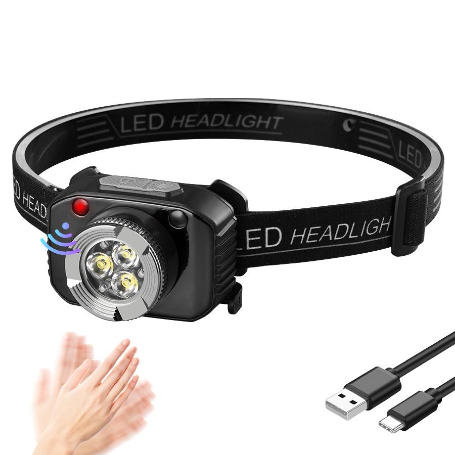 Powerful 3LED Motion Sensor Headlamp Rechargeable Head Flashlight Built In Battery Outdoor Portable Camping Fishing Headlight