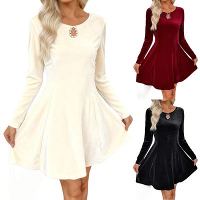 Damen Samt Minikleid mit Schlüssellochausschnitt, Perlenverzierung, langen Ärmeln, elegantem Vintage A-Linien Kleid