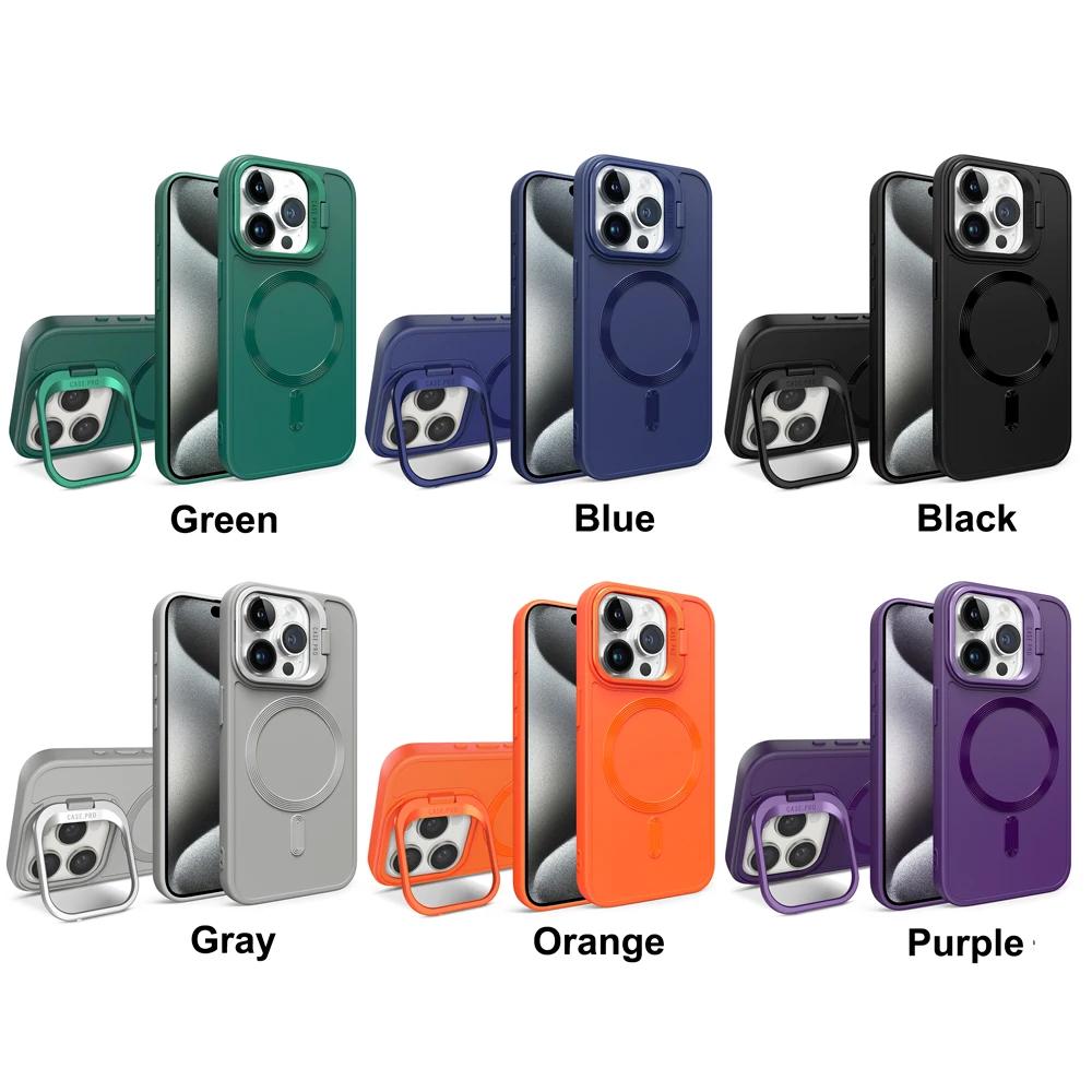 Magnet Magsafe Camera Holder Stand Soft Matte Phone Case For Apple iPhone 15 14 13 12 11 Pro Max 15 Plus Wireless Charging Cover
