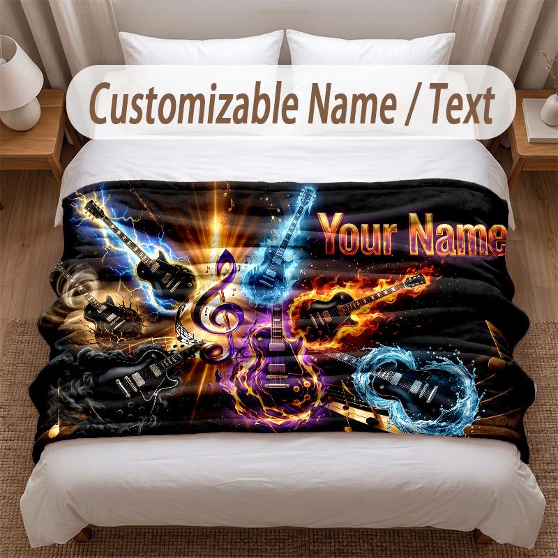 Music Guitar Theme Soft Blanket Personalized Custom Name Text Print Warm Blanket Home Sofa Bedroom Decor