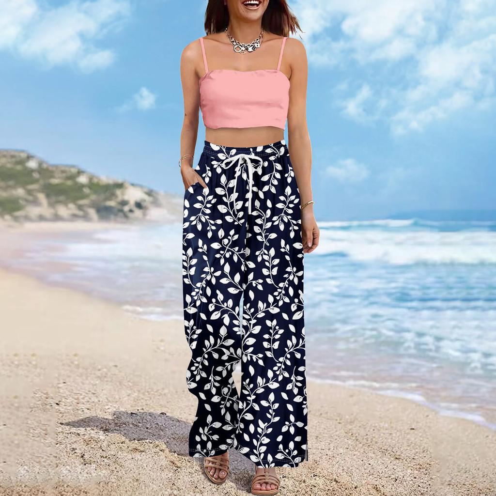 Damskie letnie spodnie boho palazzo z wysokim stanem i szerokimi nogawkami, nadruk kwiatowy, swobodne spodnie z kieszeniami