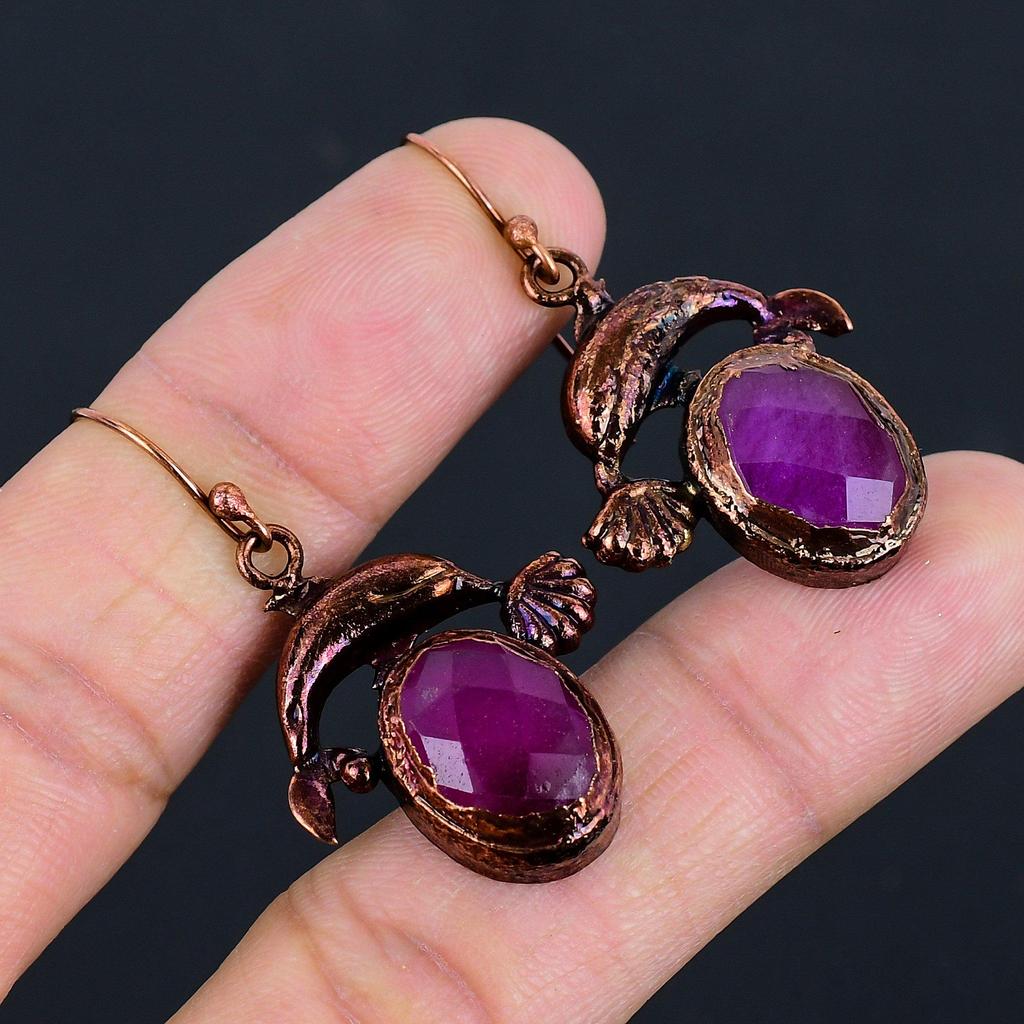 Faceted Ruby Earrings, Copper Electroformed Jewelry, Gemstone Earrings Gift For Her Handmade Dainty Jewelry