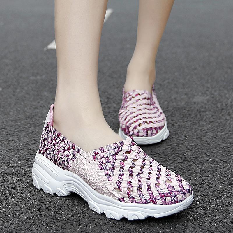 Summer Moccasin Pink Beach Shoes Women Multicolor Casual Weave Slip on Braided Elevator Sneakers Plus Size