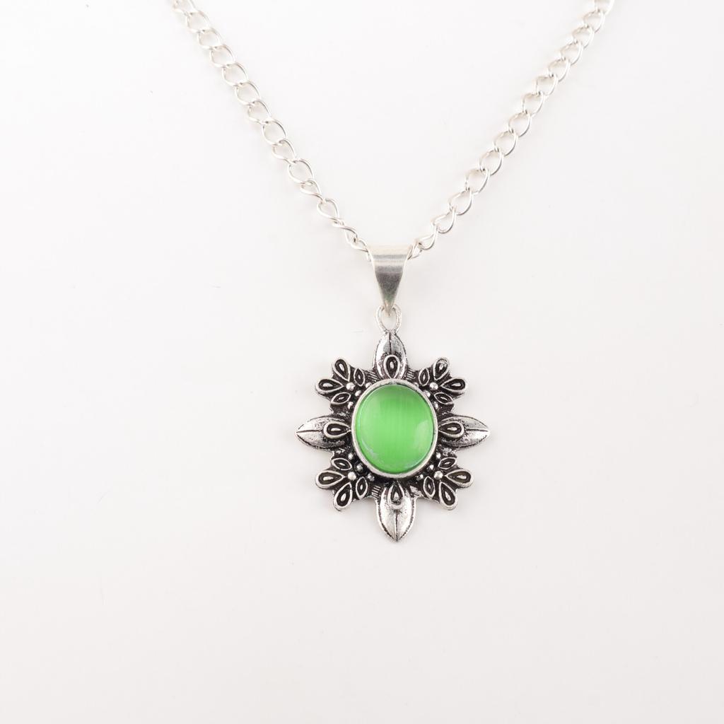 Green Cat's Eye Gemstone 925 Stamped Silver Jewelry Handmade Chain Pendant 1.62" CP-12-41