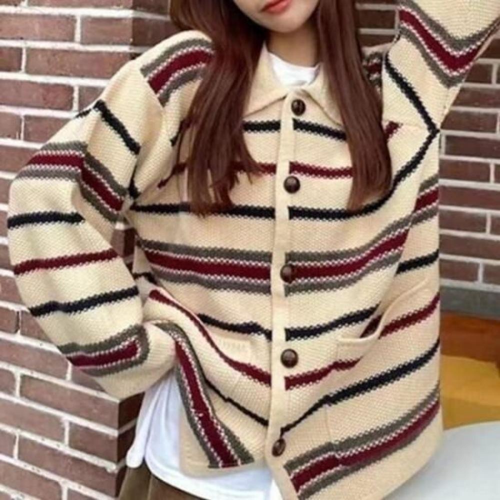 Navava Nk2810 Casual Stripe Long Sleeve Knit Cardigan