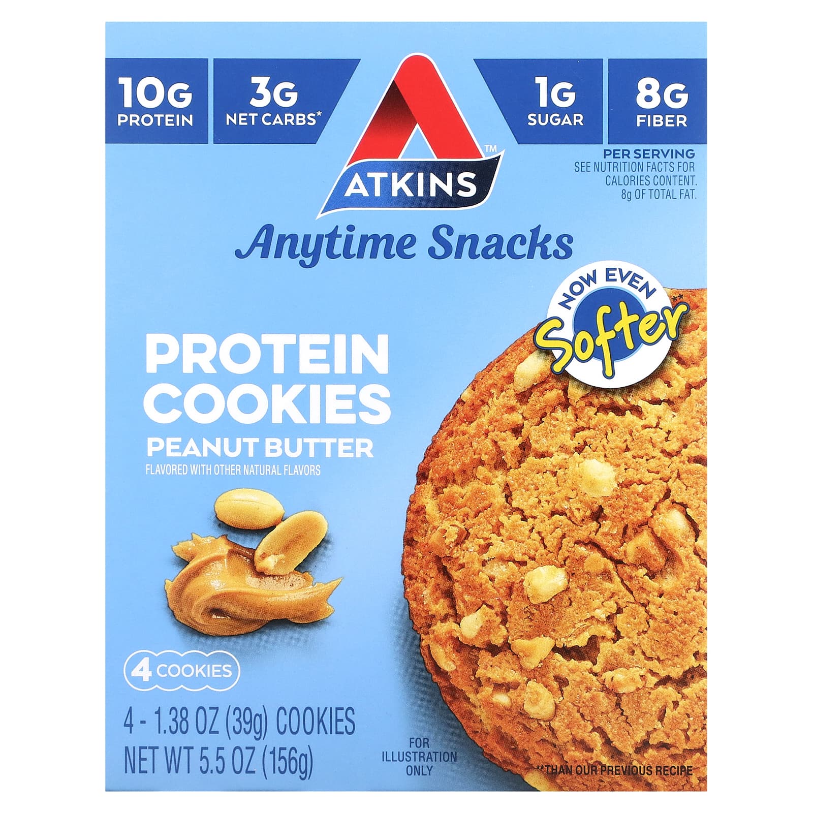 

Atkins, anytime snack, protein cookie, peanut butter, 4 cookies, 39 g (1.38 oz) each