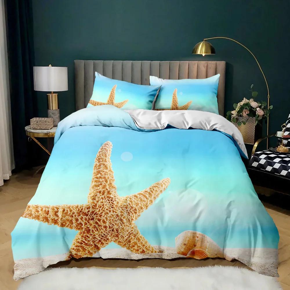 Starfish Duvet Cover Set Ocean Bedding Set Hawaiian Marine Sea Waves 3D Starfish Comforter Cover King Size Polyester Qulit Cover