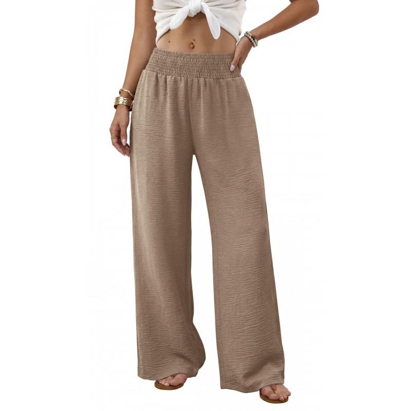2026 Womens High-Waisted Wide-Leg Trousers Leopard Print Solid Color Casual Pants With Pockets Lightweight Stretchy